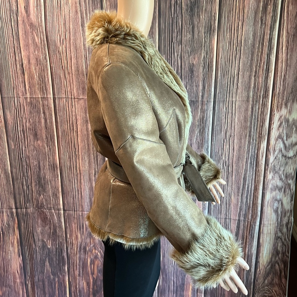 Saks Fifth Avenue medium large tan beige gold 100% leather fur vintage coat - Picture 4 of 16